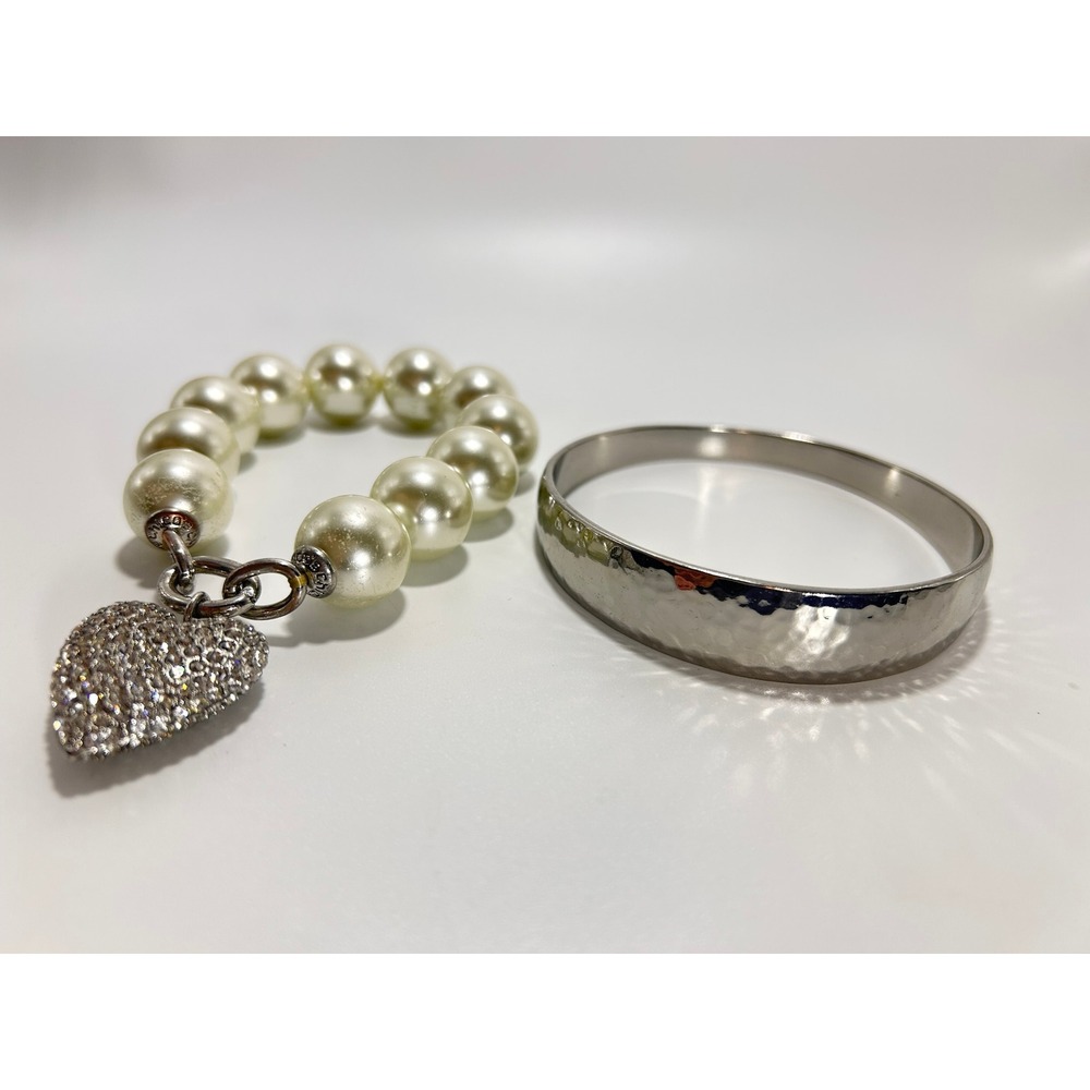Chicos Bracelet Set Women OS Silver White Good Faux Pearl Rhinestone Heart